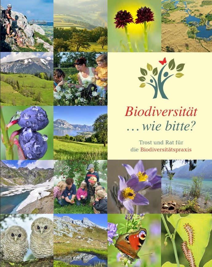 Deckblatt der Broschüre mit Fotos von Landschaften, Tieren, Menschen, uvm.
