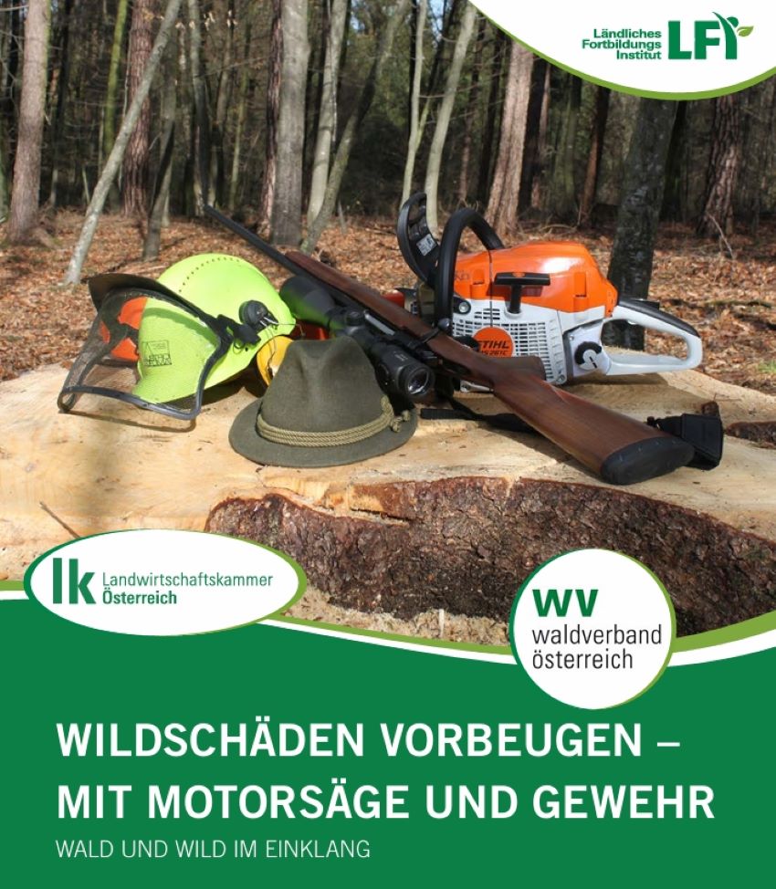 Deckblatt der Broschüre mit Motorsäge, Gewehr, Helm und einen Jagdhut