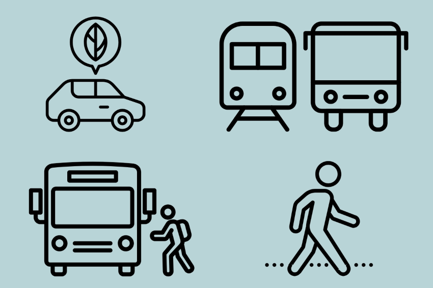 Grafiken von Bus, Bahn, E-Auto und Fußgänger