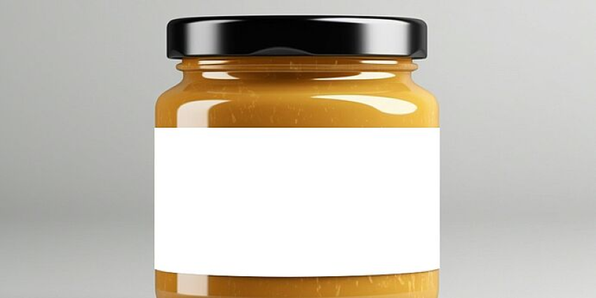 Ein Glas Erdnussbutter mit einem weißen bzw. blanken Etikett.