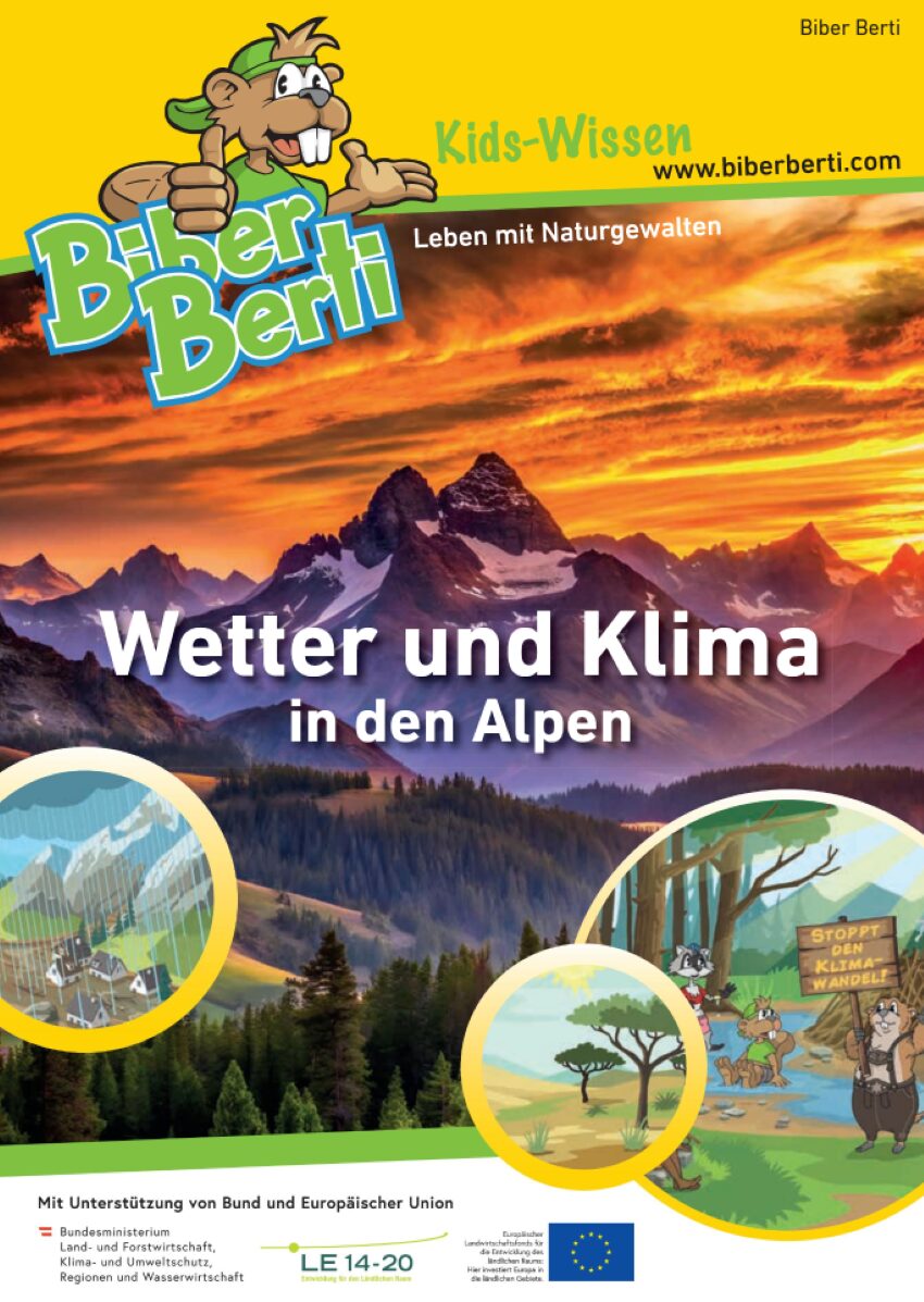 Auf dem Bild sieht man schneebedeckte Berge und im Hintergrund den Sonnenuntergang sowie Ausschnitte aus der Zeitung