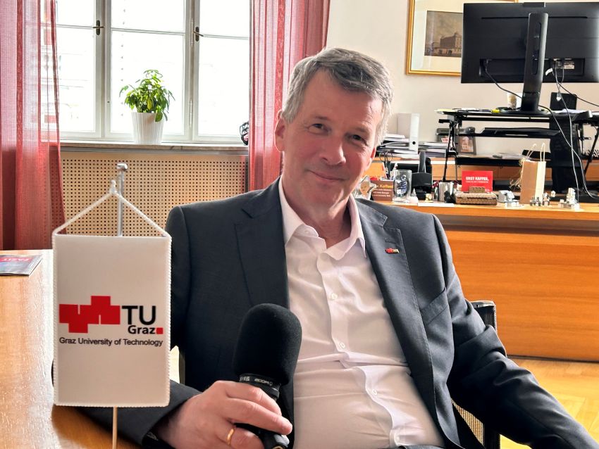 Podcast zum Thema "KI - Chancen und Herausforderungen"  - TU Graz Rektor Horst Bischof mit dem Mikrofon beim Interview