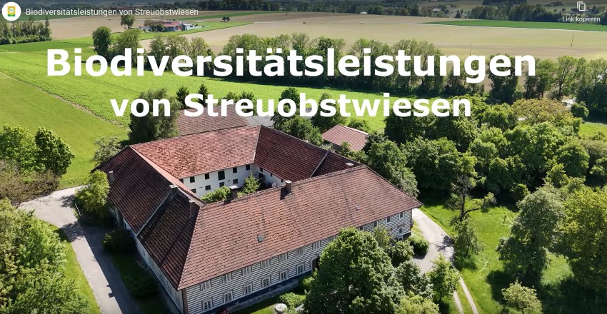 Vierkanthof mit Streuobstwiese und Felder im Hintergrund