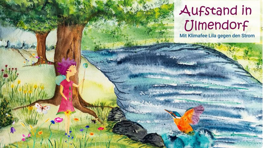 Klimafee am Fluss mit dem Eisvogel und einer idyllischen Landschaft