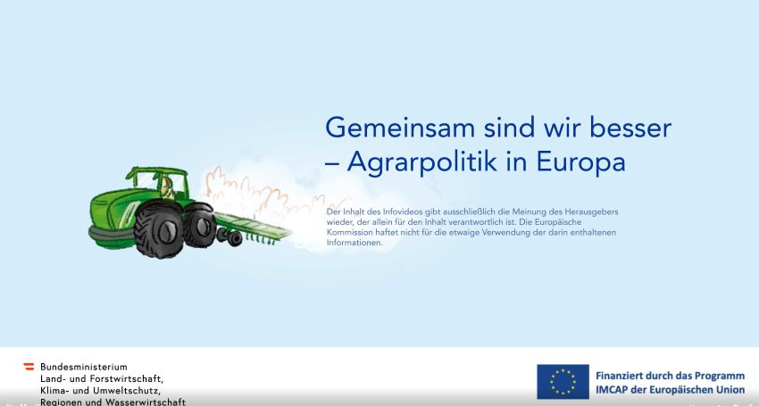 ein gezeichneter Traktor mit Anbaugerät und der Titel des Videos