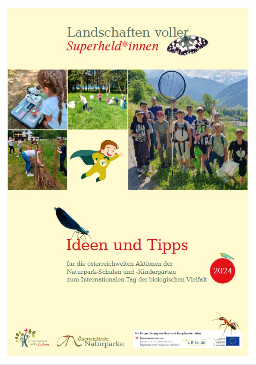 Deckblatt der Broschüre - Bilder mit Kindern beim Erforschen der Natur und der Errichtung eines Holzzaunes, in der Mitte ist eine Superheld-Grafik