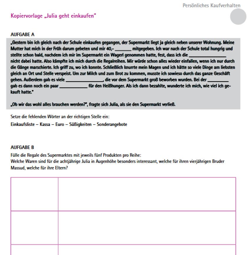 Ausschnitt vom Arbeitsblatt - 