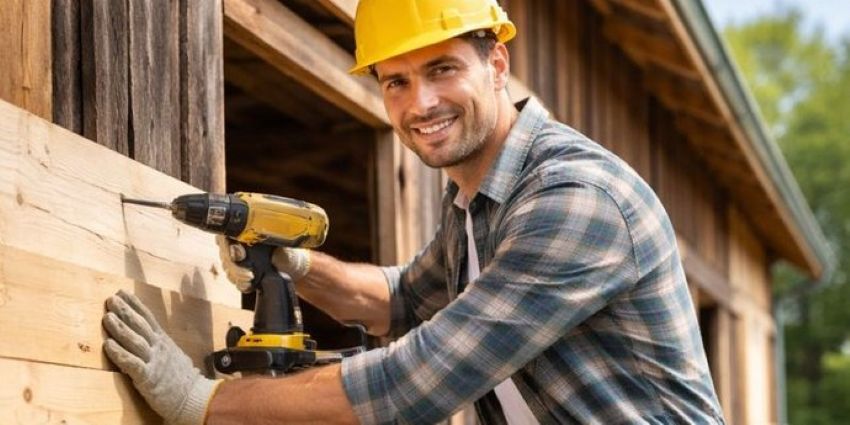 ein Mann der Bretter auf einem Holzgebäude anschraubt und Helm und Handschuhe trägt