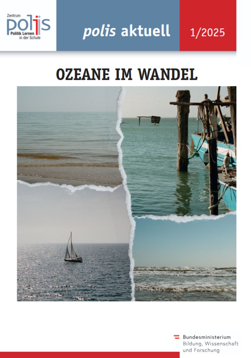 Titelbild der Broschüre: Bildausschnitte vom Meer, zu sehen sind Wellen und ein Segelboot