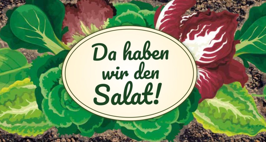 Verschiedene Salatblätter umschließen den Text Da haben wir den Salat