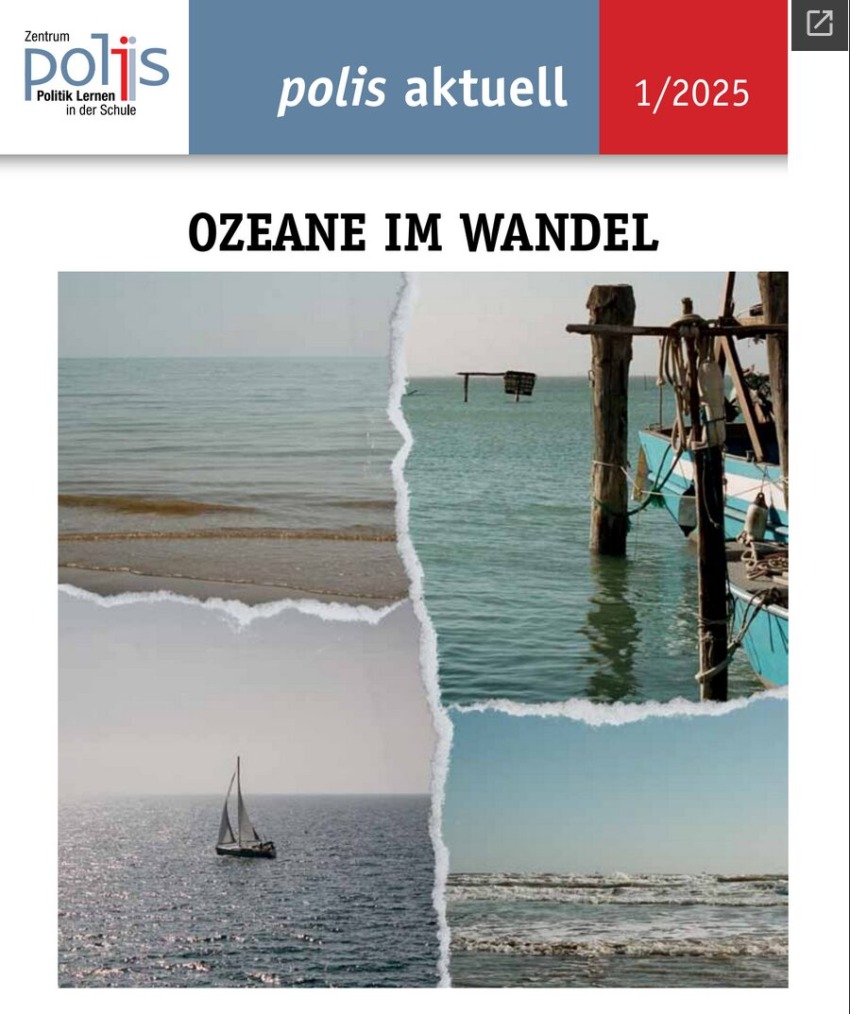 Titelblatt des Heftes mit verschiedenen Ansichten des Meeres. Mit Steg, mit Boot, mit Strand und Wellen 
