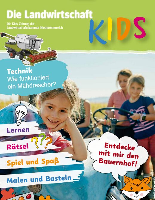 Titelbild der Kids Zeitung der LK Niederösterreich mit Kindern auf einem Traktor