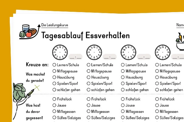 Ausschnitt vom Arbeitsblatt Tagesablauf-Essverhalten, darauf sieht man Uhren, in der man erst die Zeit einzeichnen muss und darunter Punkte die zum Ankreuzen sind: zB was hat man den Tag über getan.