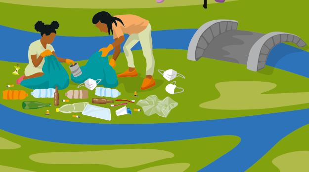 Eine Grafik auf der man Personen sieht die Plastik sammeln, vermutlich in einem Park, da man viel Grünfläche einen Bach und eine Brücke erkennen kann