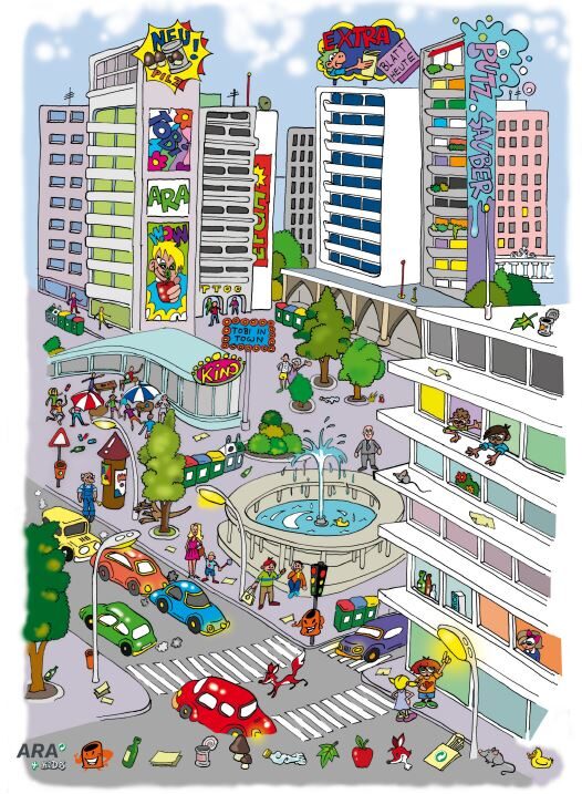 Wimmelbild einer Stadt mit vielen Hochhäusern, Autos, Menschen, usw.