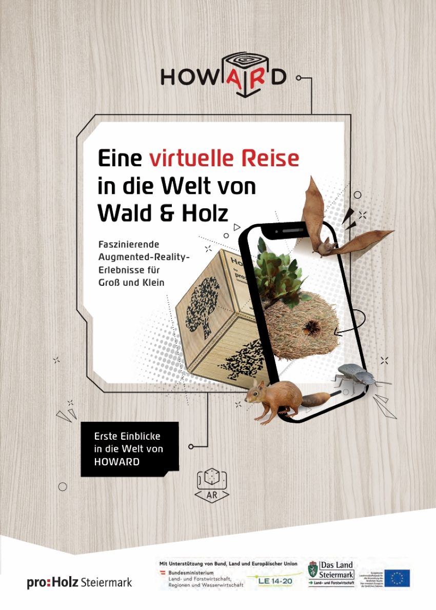 Deckblatt des Leitfadens zur APP 'Howard', darauf sieht man ein Handy, Fledermaus, Eichhörnchen, Feder und den Holzwürfel, den man für die Verwendung der App braucht.