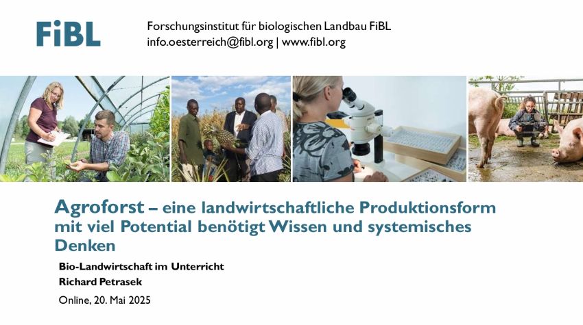 Deckblatt der Vortragsunterlage mit Menschen in verschiedenen Situationen - beim Forschen mit Mikroskop, im Gewächshaus, auf dem Feld bzw. Acker und im Stall bei den Schweinen