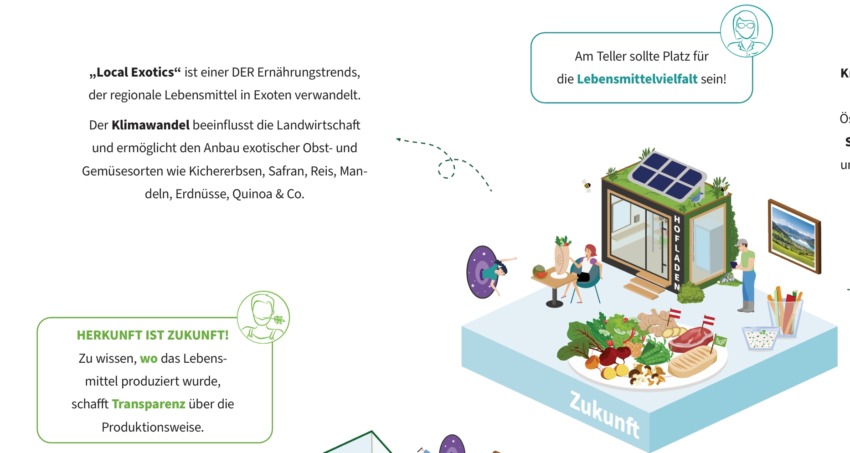 Grafik von Hühner und Lebensmitteln die zuhause im Garten angebaut werden - ein Blick in die Zukunft sozusagen.