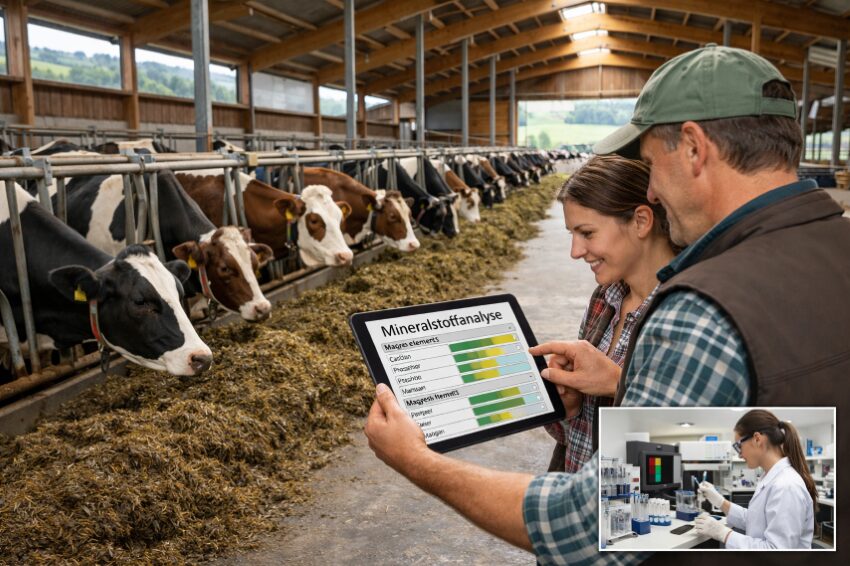 Landwirt:in mit Tablet in einem Stall voller Kühe und ein kleines Bild zeigt eine Frau in einem Labor 