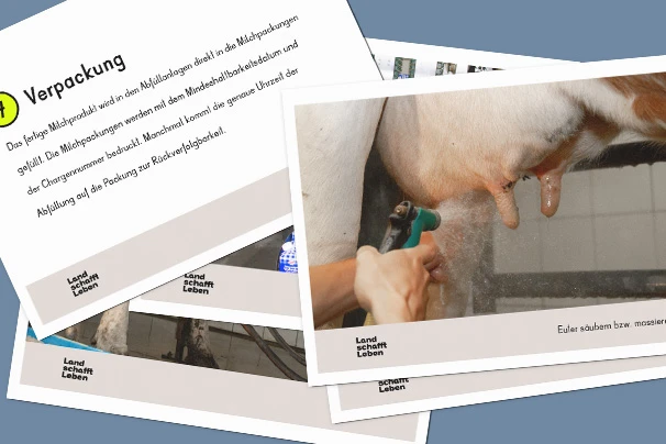 Ausschnitte von der Arbeitsblättersammlung: überlappende Bilder mit Text und Bilder - auf einem Bild erkennt man eine Hand, die gerade mit einem Schlauch eine Kuheuter säubert