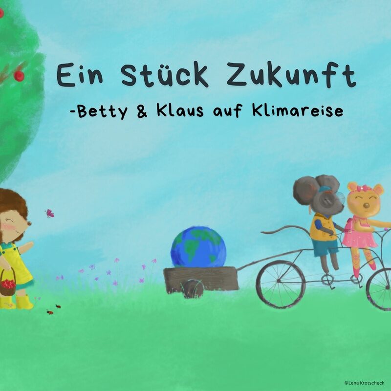 Maus und Bär ziehen mit dem Fahrrad einen Anhänger auf dem die Weltkugel geladen ist, dahinter sieht man einen Igel und einen Obstbaum