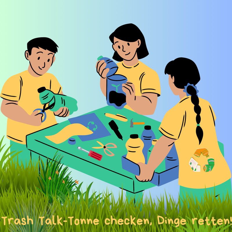 Grafik mit Kindern die aus Plastikmüll etwas neues basteln.