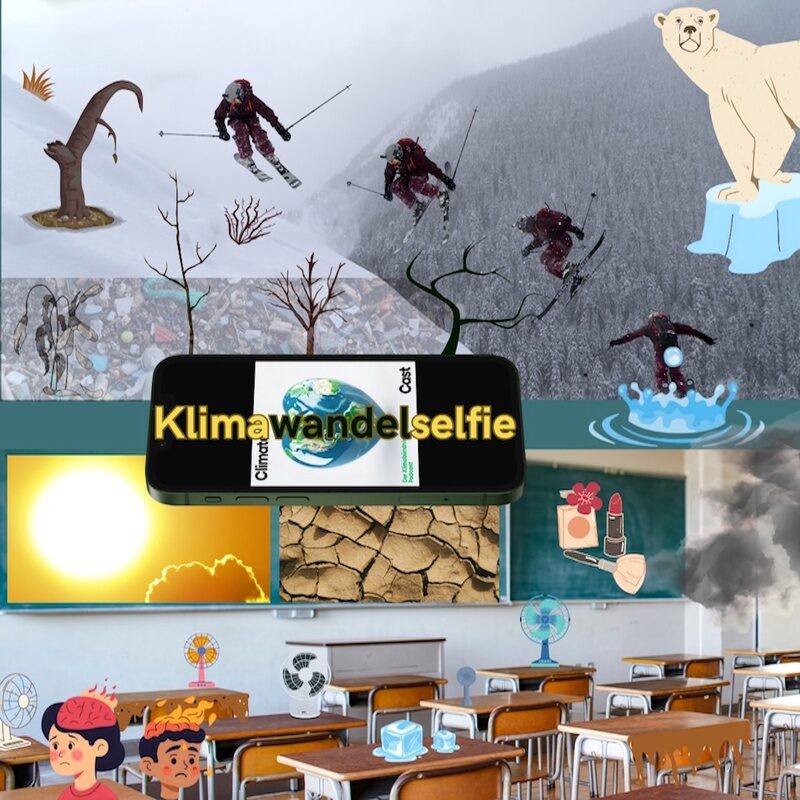 ein Klassenzimmer mit Grafiken von Kindern, Feuer, Rauch, schmelzendes Eis, Ventilatoren, darüber ein Eisbär in der Winterlandschaft und ein Skifahrer der vom Schnee in Wasser springt.
