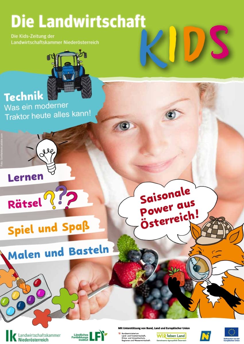 Titelbild der Kids Zeitung der LK Niederösterreich mit einem Mädchen, dass eine Obstschüssel hält