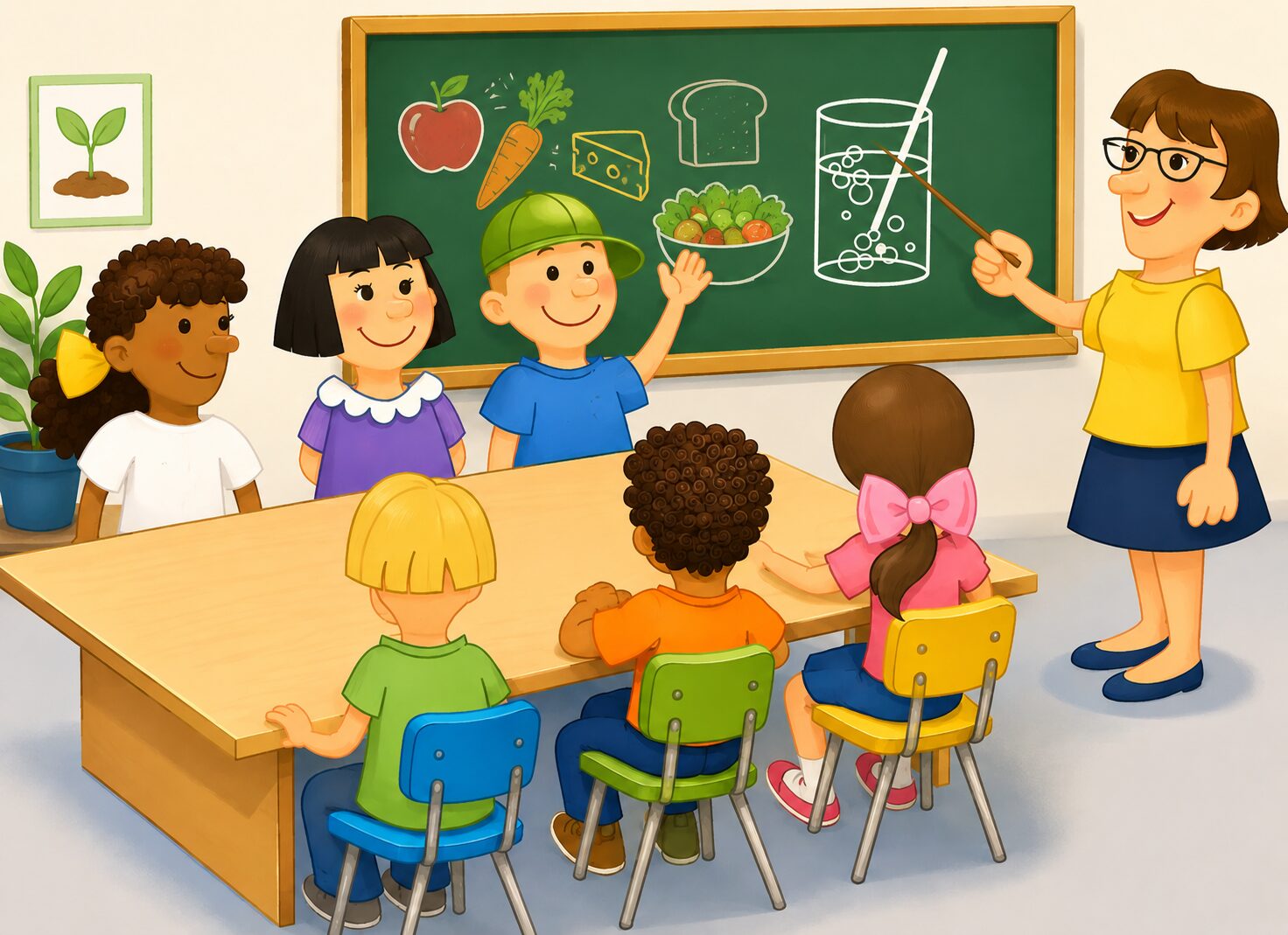 Klassenzimmer mit Lehrkraft und auf der Tafel ist ein Glas Wasser und gesunde Lebensmittel gezeichnet