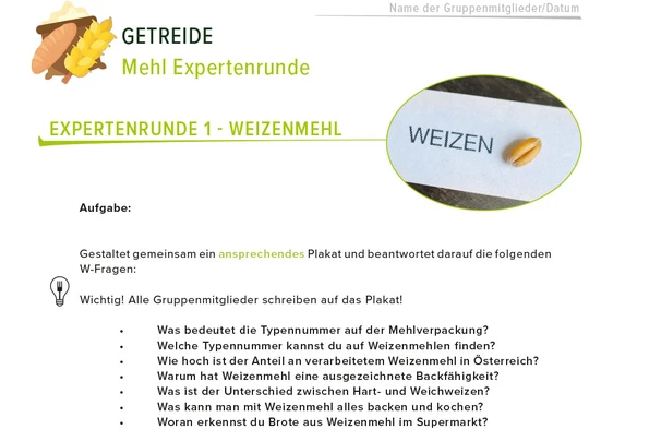 Ausschnitt des Arbeitsblattes - Expertenrunde - mit Fragen zum Thema Getreide und Mehl