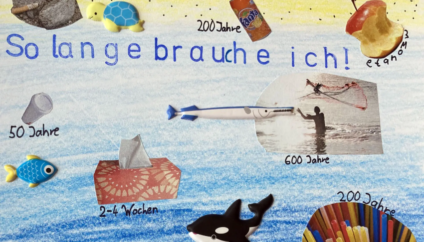 Plakat von Kindern gestaltet - man sieht verschiedene Bilder von div. Abfall der im Meer landet und die Anzahl der Jahre, wie lange dieser braucht um verrottet zu sein.